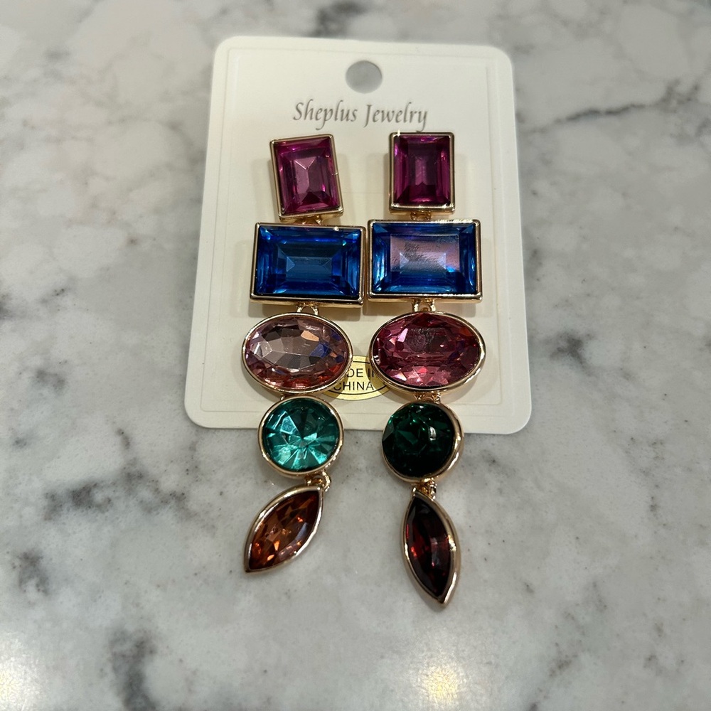 Blue and Pink Geometric Statement Earrings